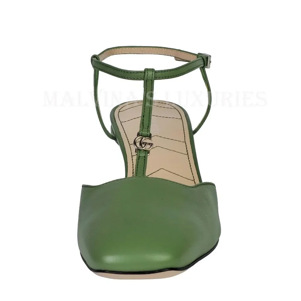 GUCCI SHOES T-STRAP GREEN LEATHER DOUBLE G LOGO SLINGBACK PUMPS 40 10 - Picture 5 of 16
